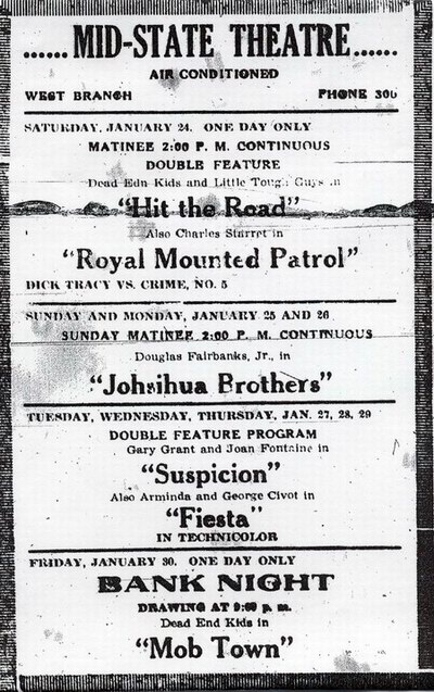 West Branch Cinema (Midstate Theater, Mid State Theater) - 1941 Ad